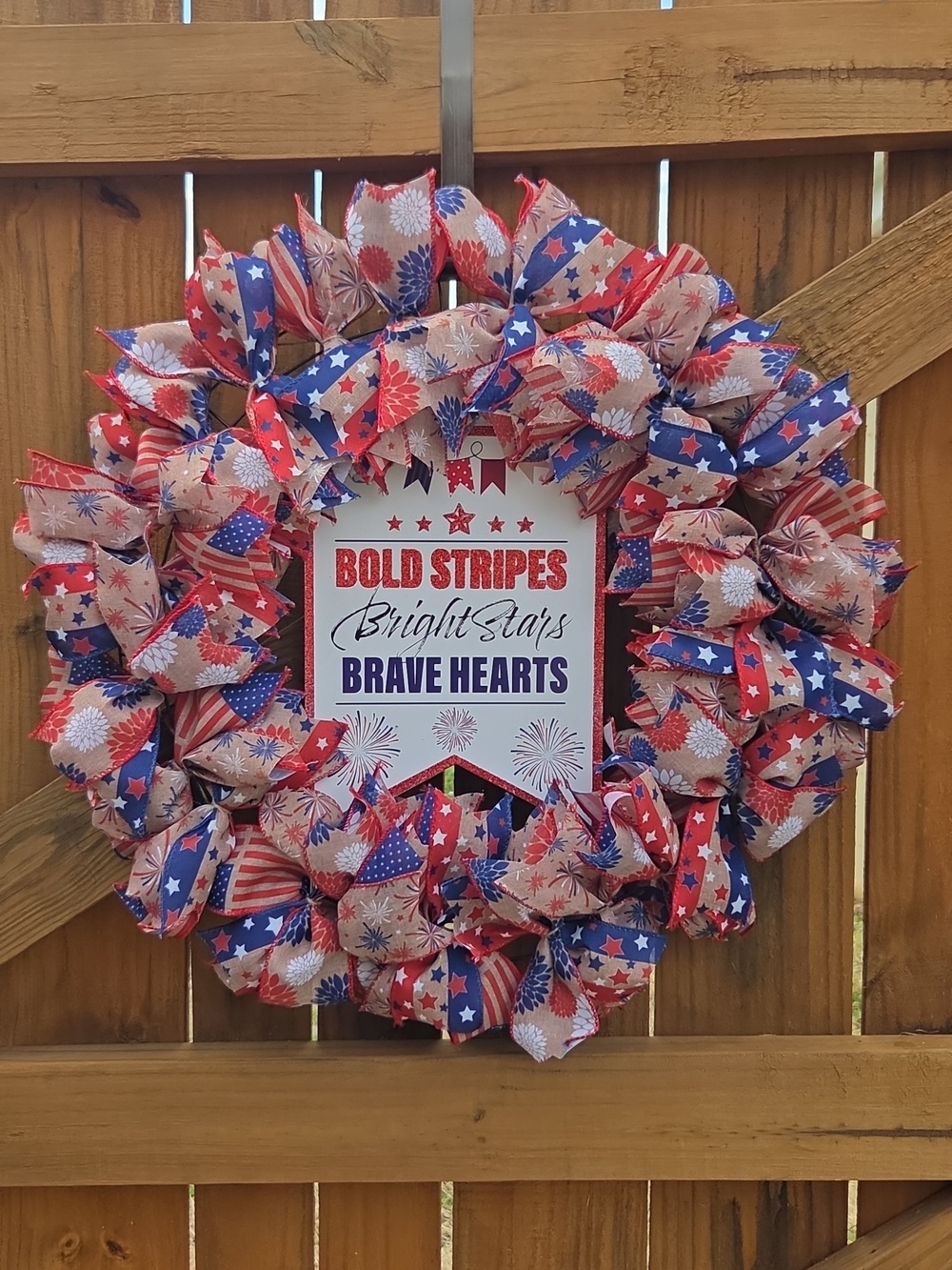 Patriotic Red, White, Blue Stars & Stripes Farmhouse Ribbon Door Wreath July 4th